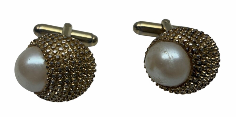Vintage Gold Tone Faux Pearl Cufflinks Textured Statement Men’s Jewelry